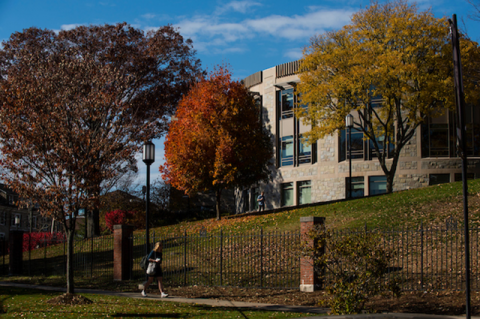 A photo of a campus in autumn