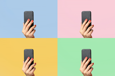 Hand holding up cell phone, in four different images arranged in a square
