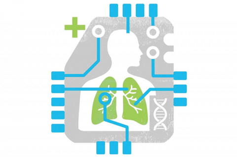 Illustration showing the silhouette of a human head and chest with lungs inside, set on a computer chip. Other elements include lines and circles pointing to lungs, and a DNA symbol.
