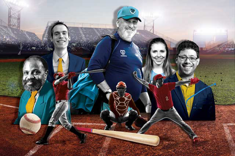 Jumbos with ties to our national pastime include, from left, late history professor Gerald Gill; Mike DeBartolo, A06; longtime baseball coach John Casey, A80; Julia Prusaczyk, E18; and Peter Bendix, A08. Illustration: Matt Herring