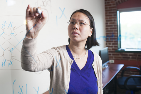 Associate Professor Mai Vu working out an equation